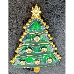 LIA Green Enamel Christmas Tree Brooch Gold Tone Rhinestone Star Pin